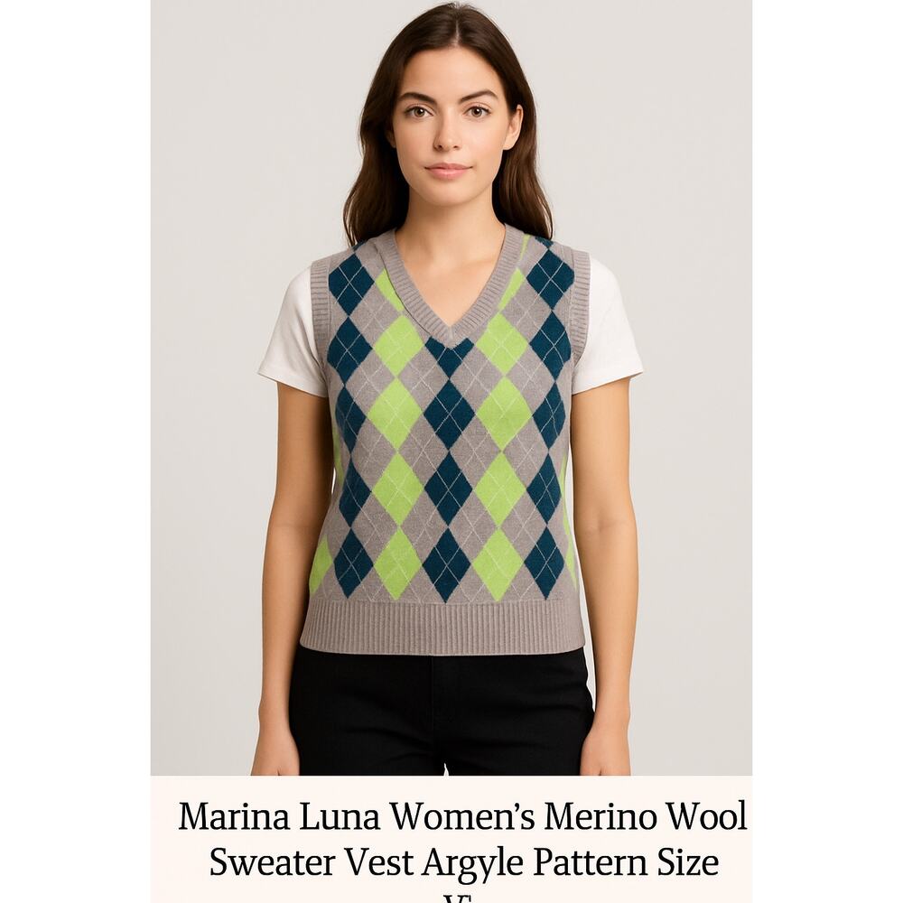 Marina Luna Women’s Merino Wool Sweater Vest Argyle Pattern Size XL